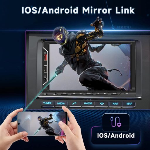 Radio auto 2 DIN cu Apple CarPlay wireless, ecran tactil de 7", mirroring Android, hands-free Bluetooth, FM, USB, cameră de marșarier