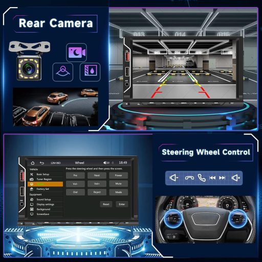 Radio auto 2 DIN cu Apple CarPlay wireless, ecran tactil de 7", mirroring Android, hands-free Bluetooth, FM, USB, cameră de marșarier