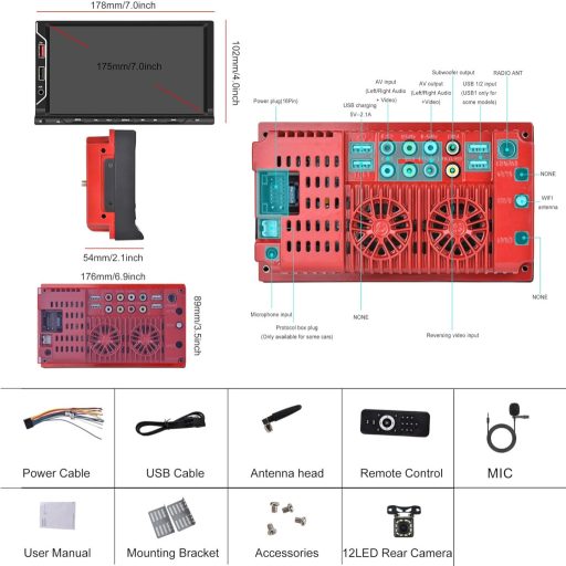 Radio auto 2 DIN cu Apple CarPlay wireless, ecran tactil de 7", mirroring Android, hands-free Bluetooth, FM, USB, cameră de marșarier