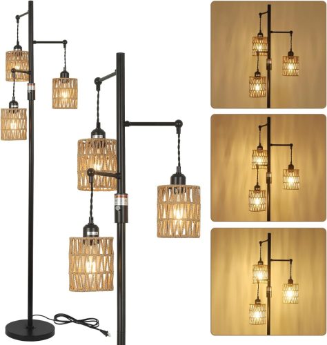 Lampadar Rayofly pentru living - Lampă vintage cu abajur din ratan, lampadar Boho cu 3 becuri și variator de intensitate, iluminat decorativ de 165 cm înălțime pentru casă