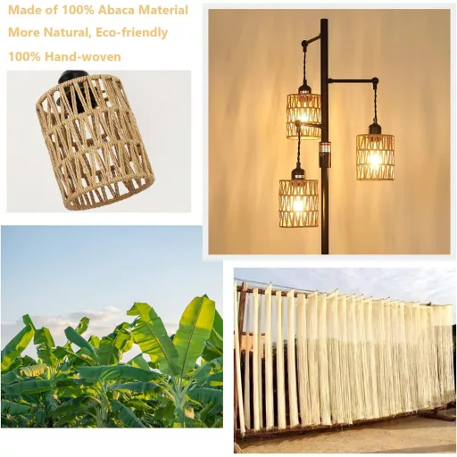 Rayofly Stojeća Lampa za Dnevni Boravak - Vintage Ratan Sjenilo, Boho Stojeća Lampa s 3 Žarulje i Regulatorom Jačine Svjetlosti, 165 cm Visoka Dekorativna Rasvjeta za Dom