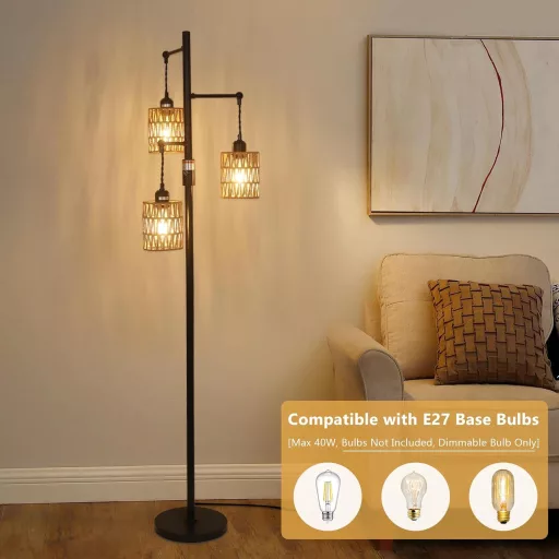 Rayofly Stojeća Lampa za Dnevni Boravak - Vintage Ratan Sjenilo, Boho Stojeća Lampa s 3 Žarulje i Regulatorom Jačine Svjetlosti, 165 cm Visoka Dekorativna Rasvjeta za Dom