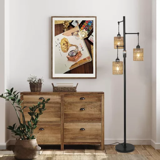 Rayofly Állólámpa Nappalihoz - Vintage Rattan Lámpaernyővel, 3 Izzós Boho Állólámpa Fényerőszabályzóval, 165 cm Magas Dekoratív Világítás Há