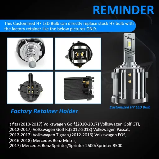 D-Lumina H7 LED fényszóró izzó Volkswagen, Mercedes modellekhez, autóspecifikus adapterekkel, 100W 10000LM 6000K fehér, 2db