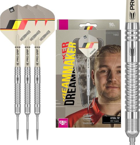 Target Darts Dimitri Van den Bergh Dream Maker G2 90% Volfrám Nyilas Darts Készlet - 21g/23g/25g - Swiss Point Acél Heggyel - Profi Grip