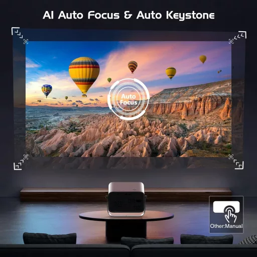 Proiector inteligent AKATUO Native 1080P - Rotire 360°, WiFi6, Bluetooth, Focalizare automată, Suport 4K, Zoom 50%, Difuzor încorporat, Portabil
