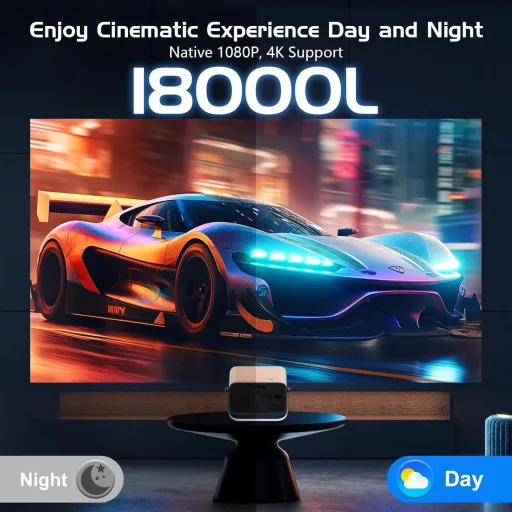 AKATUO Natív 1080P Okos Projektor - 360° Forgatható, WiFi6, Bluetooth, Automata Fókusz, 4K Támogatás, 50% Zoom, Beépített Hangszóró, Hordozh