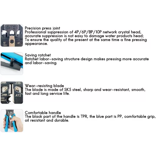 Cleste de sertizat rețea Lobamop RJ45 10P 8P 6P 4P, instrument de asamblare conectori cablu Ethernet RJ11 RJ12, negru/albastru