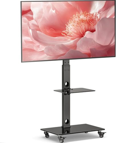 Suport TV mobil BONTEC pentru ecrane de 30-70 inch, cu o capacitate de încărcare de 40 kg, 6 trepte de reglare a înălțimii, 2 rafturi din sticlă securizată, VESA 600x400 mm