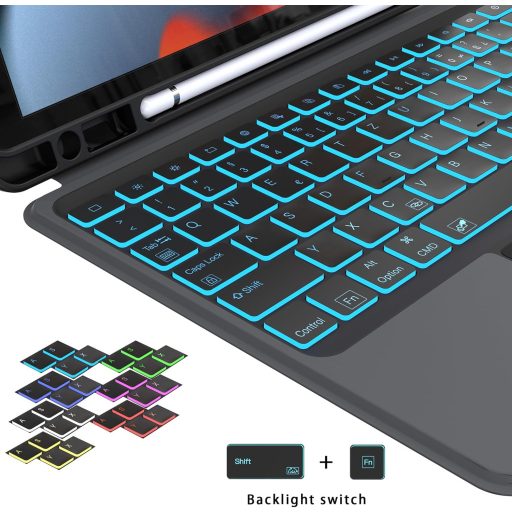 ROOFEI iPad 10.2 Billentyűzet Tok Német QWERTZ Touchpad Világítás Állvánnyal
