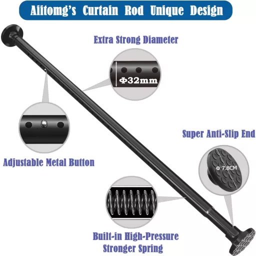 Aiitomg Teleszkópos Függönyrúd 300-355 cm - Fúrás Nélküli, Fehér, 32 mm Átmérőjű Karnisrúd Fürdőszobába, Hálószobába, Szorítós Rögzítéssel
