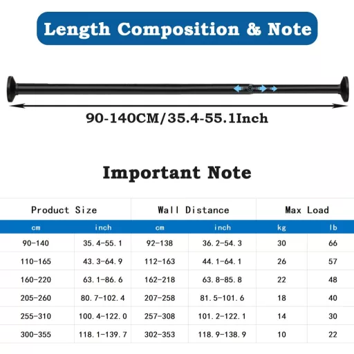 Aiitomg Teleszkópos Zuhanyfüggöny Rúd 90-140 cm Fekete Csúszásmentes