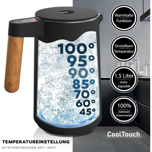 BALTER Rozsdamentes Vízforraló Hőmérséklet Szabályozással 40-100°C, Dupla Falú, 1.5L, 2200W
