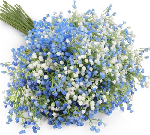 N&T NIETING Művirág Gypsophila Csomag - 10 db Élethű Fátyolvirág Csokor Esküvőre és Lakásdekorációhoz, Kék és Fehér, 54 cm