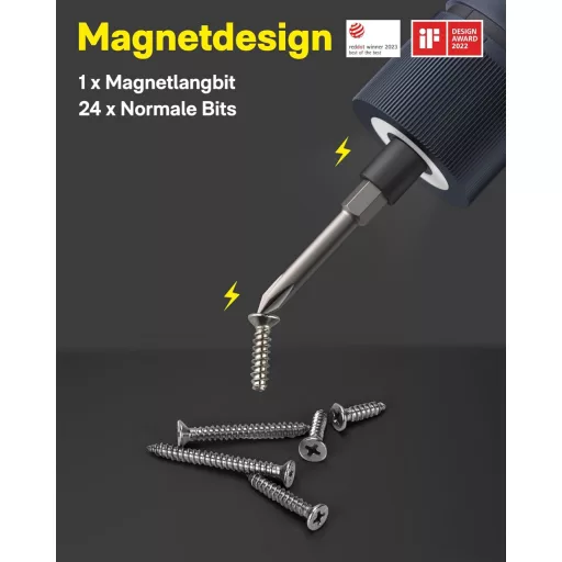 HOTO Mágneses Elektromos Csavarhúzó 25 Bittel, LED Lámpával és USB-C Töltéssel