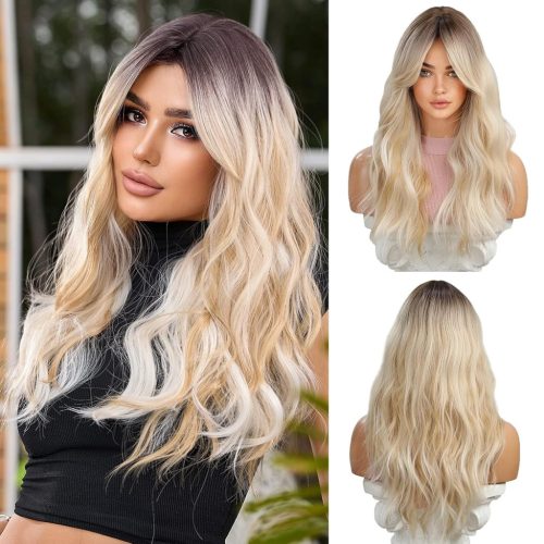 OUFEI Perucă Lungă Blondă Ondulată cu Rădăcini Închise - Peruci Sintetice cu Franjuri pentru Femei - Rezistentă la Căldură 60 cm pentru Cosplay și Utilizare Zilnică