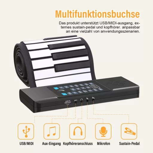 OYAYO Claviatură Pian Roll-Up, Pian Electric cu 61 de Clape Compatibil MIDI cu 128 de Sunete, Sintetizator Portabil Flexibil