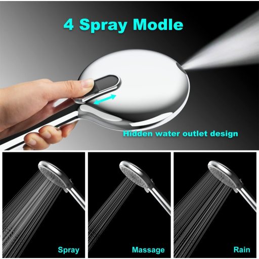 HONBOO Zuhanyfej Vízleállítóval, Nagy Fejzuhany 4 Sugárral, Nyomásos Kézi Zuhany, Krómozott