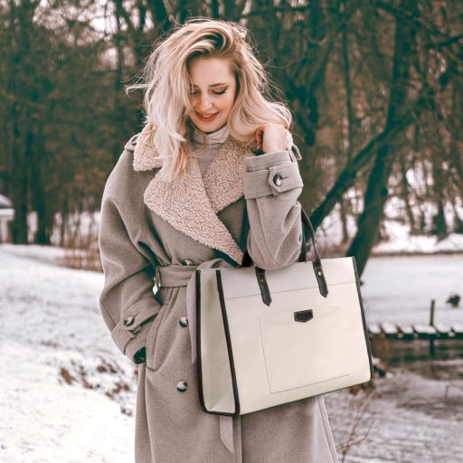 Missnine Geantă Elegantă pentru Laptop de 15,6 Inch - Geantă Notebook din Pânză pentru Muncă, Educație și Călătorii - Geantă de Transport Neagră și Bej pentru Femei