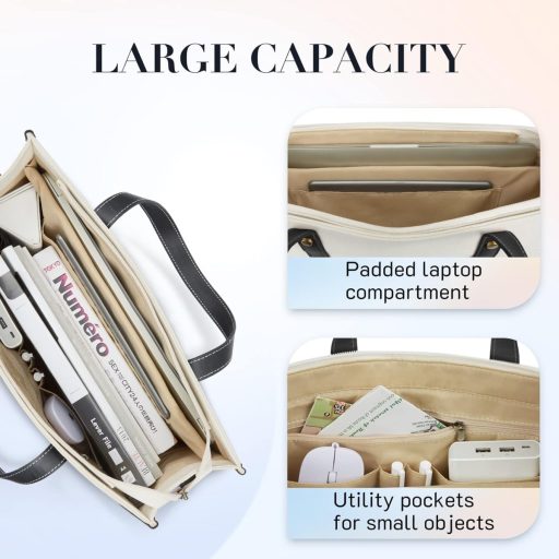 Missnine Geantă Elegantă pentru Laptop de 15,6 Inch - Geantă Notebook din Pânză pentru Muncă, Educație și Călătorii - Geantă de Transport Neagră și Bej pentru Femei
