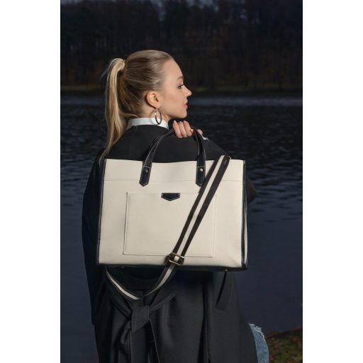 Missnine Geantă Elegantă pentru Laptop de 15,6 Inch - Geantă Notebook din Pânză pentru Muncă, Educație și Călătorii - Geantă de Transport Neagră și Bej pentru Femei