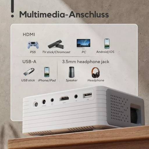 AKIYO O1 Mini Projektor 1080P Támogatással, 15000L Fényerő, 250" Képméret, ±50° Keystone, 50% Zoom, Okostelefonhoz, TV Stickhez Kompatibilis