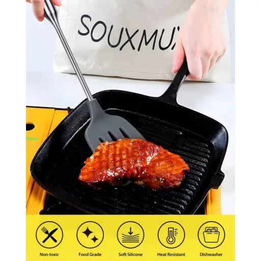 SouxMux Set spatule de bucătărie din silicon, 2 bucăți, spatulă wok perforată, ustensile de bucătărie rezistente la căldură, fără BPA, pentru ouă și clătite