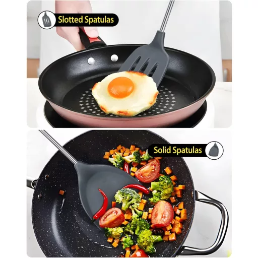SouxMux Set spatule de bucătărie din silicon, 2 bucăți, spatulă wok perforată, ustensile de bucătărie rezistente la căldură, fără BPA, pentru ouă și clătite