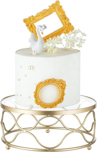 Suport tort NUPTIO auriu, rotund, 22 cm - Platou metalic pentru prăjituri cu tavă acrilică, pentru nuntă, zi de naștere, baby shower, capacitate portantă 15 kg