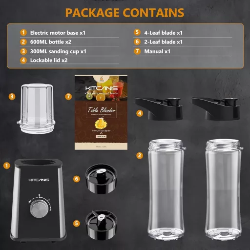 KitCanis 800W Blender 3 în 1, Smoothie Maker - 3 Viteze, Cu Sticle Portabile