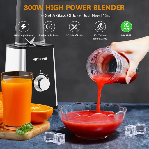 KitCanis 800W 3in1 Turmixgép Smoothie Készítő - 3 Sebességes, Hordozható Palackokkal