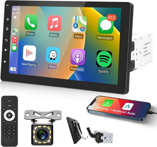 Autoradio auto CarPlay 1 DIN cu ecran detașabil de 9" - Oglindire Android/iOS, Bluetooth hands-free, FM, USB, control pe volan, cameră de marșarier