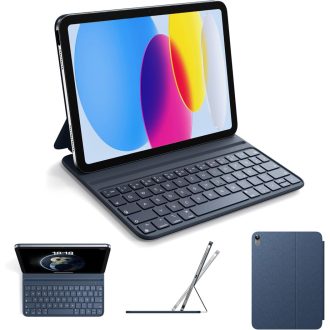   HOU Slim Bluetooth tipkovnica s futrolom za iPad 11. i 10. generacije - Punjiva QWERTZ tipkovnica s plavim PU kožnim poklopcem