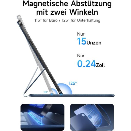 HOU Slim Bluetooth Billentyűzet Tok iPad 11. és 10. Generációhoz - Újratölthető QWERTZ Billentyűzet Kék Műbőr Borítással