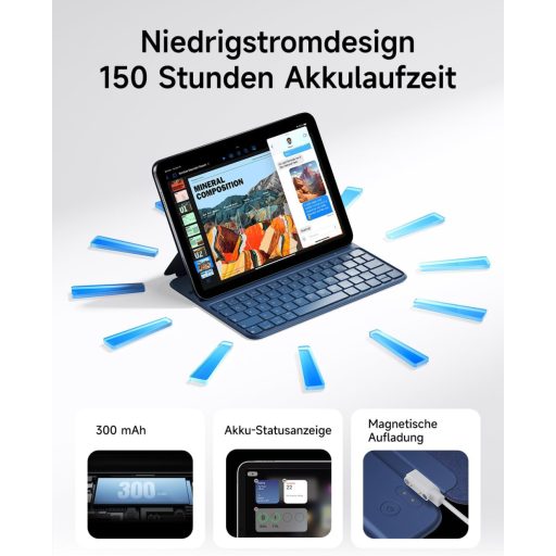 HOU Slim Bluetooth Billentyűzet Tok iPad 11. és 10. Generációhoz - Újratölthető QWERTZ Billentyűzet Kék Műbőr Borítással