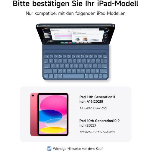 HOU Slim Bluetooth Billentyűzet Tok iPad 11. és 10. Generációhoz - Újratölthető QWERTZ Billentyűzet Kék Műbőr Borítással
