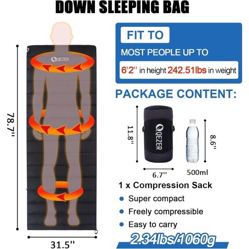 QEZER Ultralight Pehelydzseki Hálózsák Kompakt Camping Trekking 3-4 Évszak