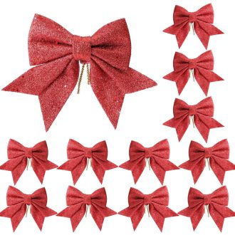   Sada 12 vianočných mašlí YUNLI, červená trblietavá dekorácia na vianočný stromček