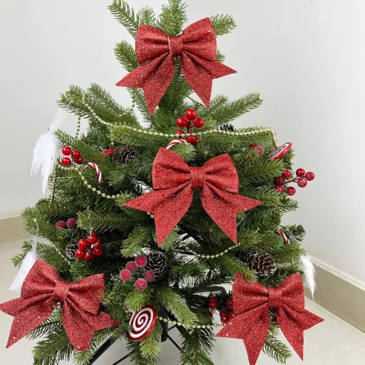 YUNLI 12 darabos karácsonyi masni szett, piros csillogó díszítés karácsonyfa dekorációhoz