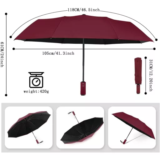 Umbrelă Automată VICLOON 10 Coaste, Rezistentă la Vânt, Bordo - Buton Deschidere/Închidere, Pânză Durabilă, Unisex