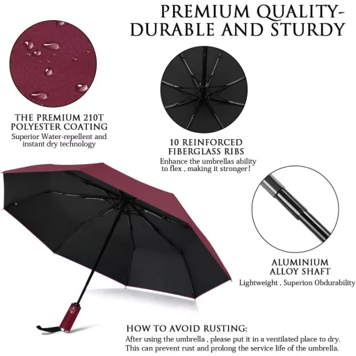 Umbrelă Automată VICLOON 10 Coaste, Rezistentă la Vânt, Bordo - Buton Deschidere/Închidere, Pânză Durabilă, Unisex