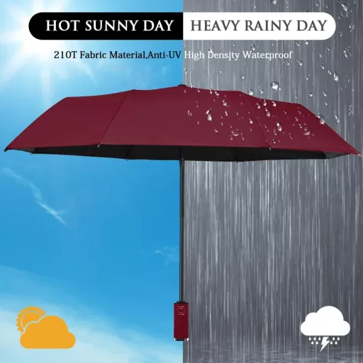 Umbrelă Automată VICLOON 10 Coaste, Rezistentă la Vânt, Bordo - Buton Deschidere/Închidere, Pânză Durabilă, Unisex