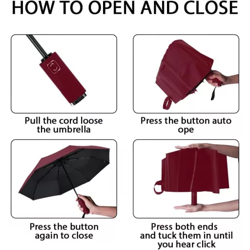 Umbrelă Automată VICLOON 10 Coaste, Rezistentă la Vânt, Bordo - Buton Deschidere/Închidere, Pânză Durabilă, Unisex