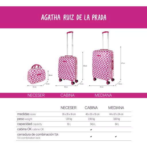 Agatha Ruiz de la Prada Tvrda kozmetička torbica - Fuksija Kutija za šminku s izvlačnom ručkom, idealna putna torba za kozmetiku, ručna prtljaga