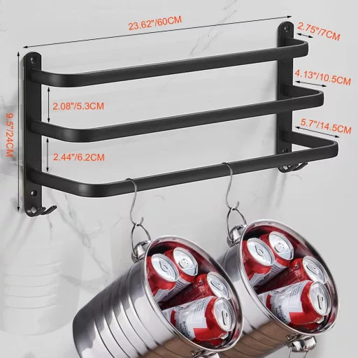Ruhetfam 80cm Fekete Alumínium Törölközőtartó Falra Szerelhető Öntapadós vagy Csavaros - 80CM, Black