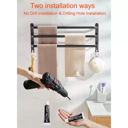 Ruhetfam 80cm Fekete Alumínium Törölközőtartó Falra Szerelhető Öntapadós vagy Csavaros - 80CM, Black
