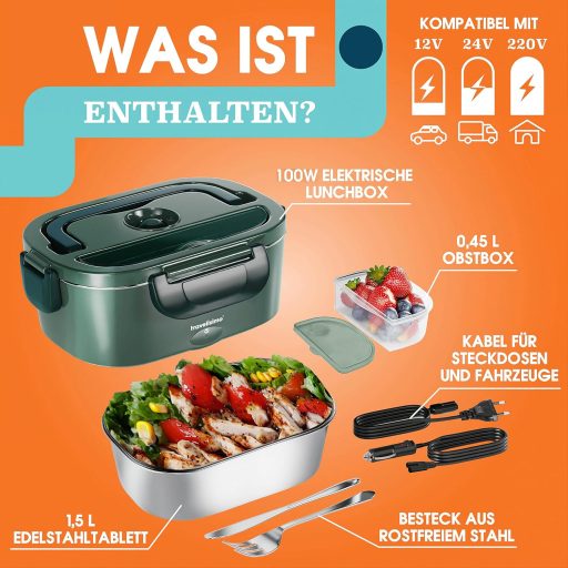 TRAVELISIMO 100W Elektromos Ételmelegítő 1,5L 12V/24V/220V Autós Ebéddoboz