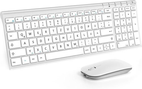 seenda Vezeték Nélküli Billentyűzet-Egér Szett - Újratölthető, Ultravékony Fém Billentyűzet QWERTZ Kiosztással PC/Laptop/Smart TV-hez, Fehér