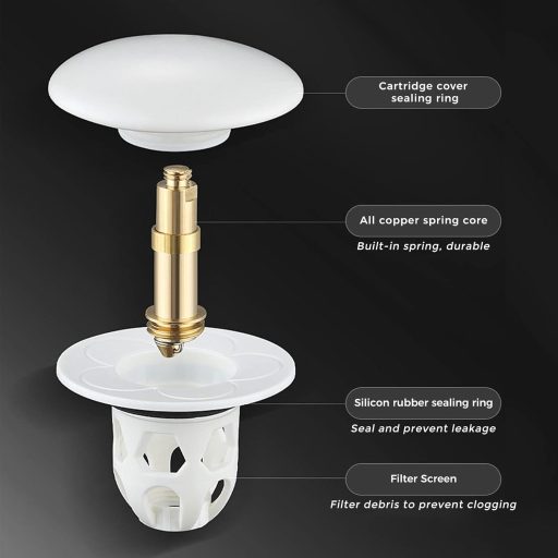 Tesyeux Keramički Set Čepova za Umivaonik - 2 komada Pritisnih Čepova s Ugrađenim Filterom, Univerzalna Veličina 34-40mm, Bijeli, za Sudoper, Kadu, Kon