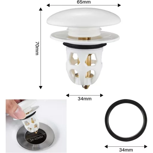 Tesyeux Keramická Zátka do Umývadla Sada - 2 ks Zatláčacie Zátky s Integrovaným Filtrom, Univerzálna Veľkosť 34-40mm, Biela, pre Umývadlo, Vaňu, Koniec